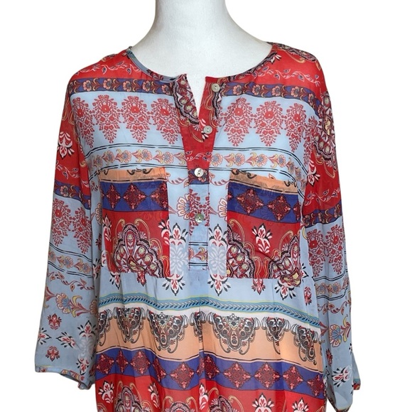 Fig & Flower Red Blue Sheer Popover Tunic Overlay Large Bohemian Lightweight - Picture 2 of 10